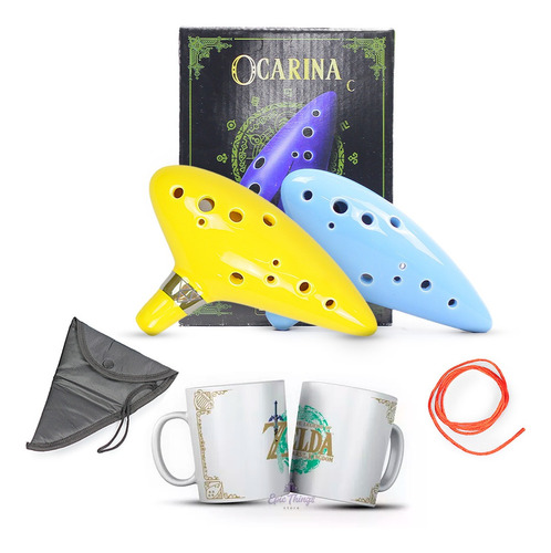 Flauta Ocarina Cerâmica 12 Furos Em C Dó + Caneca Jogo Zelda