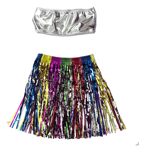 Conjunto Top E Saia Fitas Brilhosas Carnaval Bloco Festejar