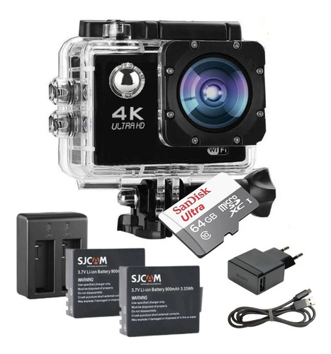 Kit Action Câmera 4k + Sd 64gb + 2 Baterias + Carregador