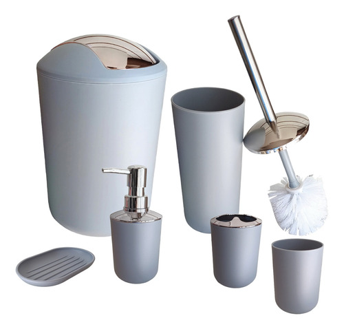 Set Baño Plásticox6 Completo Cesto Dispenser Escobilla Gris