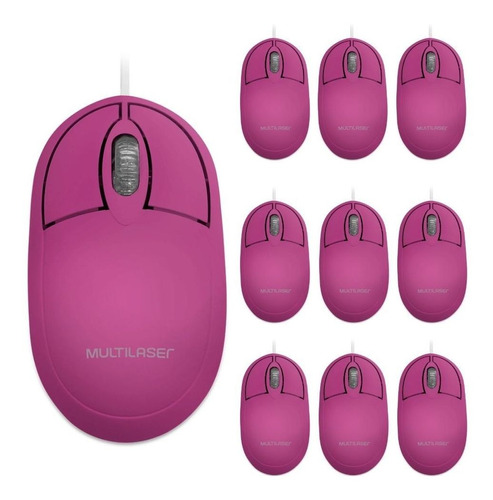 Combo 10x Mouse Multilaser Classic Box Óptico Rosa  - Mo304