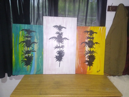 Cuadro Moderno Marihuana Decorativo Pintado A Mano Set X 3 