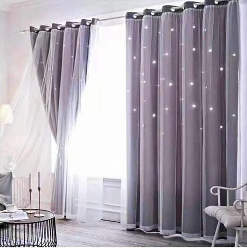 Cortinas + Visillos Con Destellos Estrellas Huecas 2 Paños 