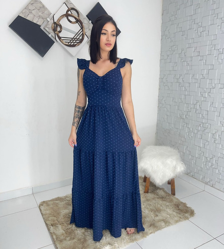 Vestido Longo Luxo Feminina Franzido  Com Babada Na Mangas  