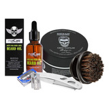 Kit Barbería Cepillo Aceite De Barba Navaja Cera Cabello