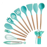 Conjunto 12pcs De Utensílios Em Silicone E Cabo De Madeira