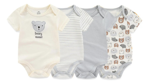 Pack 4 Pañaleros Algodón Manga Corta Para Bebé Niño Niña