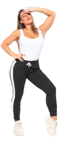 Calça Feminina Jogger Listrada Crepe Slim Fit Academia