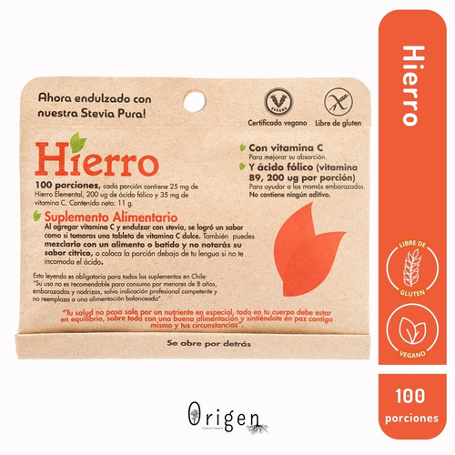 Hierro 100 Porciones. Vegano, Sin Gluten Dulzura Natural. Sabor S/s