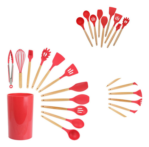 Utensílio De Cozinha Silicone Kit Com 12peças - Cabo Madeira