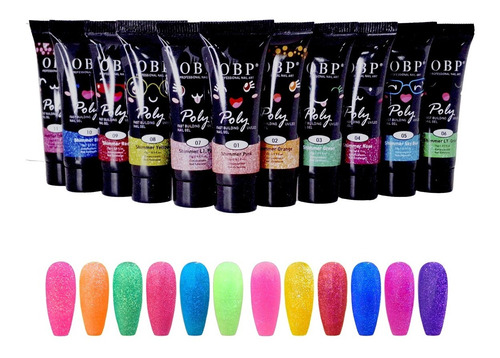 Set Polygel 15ml Glitter/neon Para Decoración De Uñas 12pz