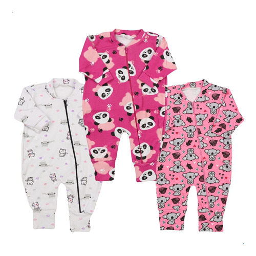 Kit 3 Macacão Suedine Zíper Roupa Bebê Infantil Menina