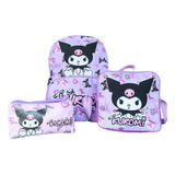 Set Escolar Kuromi Morral Lona+ Lonchera+ Cartuchera Triple