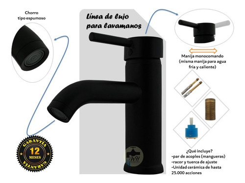 Grifo Llave  Monocontrol Bajo Negro Mate Para Lavamanos