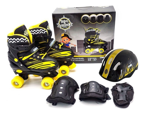 Patins Roller Infantil Quad Preto + Kit Proteção - 34 A 37