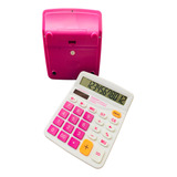 Calculadora Mesa Rosa E Branco Visor Grande 12 Dig. C/ Pilha