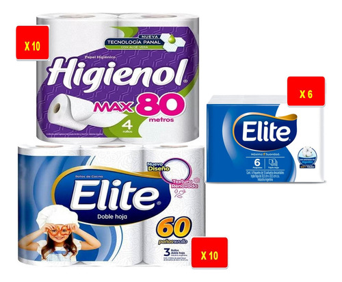 Kit Higienol 80 - Rollos De Cocina Elite 60 Con Pañuelos