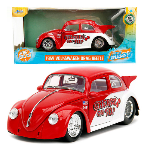 1959 Volkswagen Beetle Vocho Cherry Punch Buggy Jada 1:24 Color Rojo Con Blanco