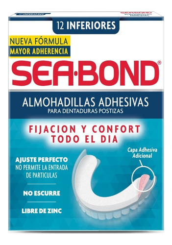 Sea Bond Almohadilla Adhesivas Dental Inferior Sin Sabor 12 Piezas Libre De Zinc
