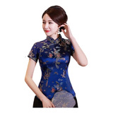 Blusa Chinesa Com Estampa Dragão E Fênix - Azul