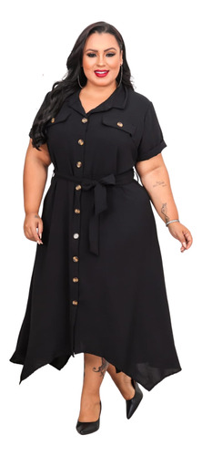 Chamise Vestido Plus Size Longo Botão Duna Cinto Gg 50 52 G3