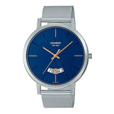 Reloj Pulsera Casio Mtp-b100m-2evdf Con Correa De Acero Inoxidable Color Plata - Fondo Azul