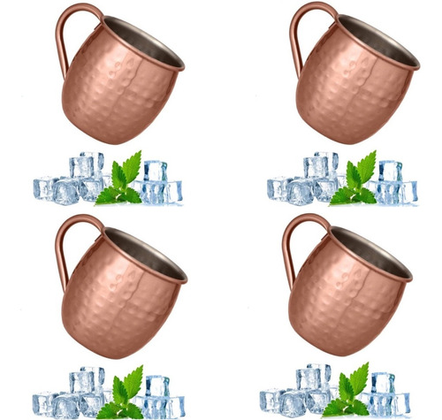 Kit 4 Canecas Moscow Mule Cobre Em Inox Martelada Drink