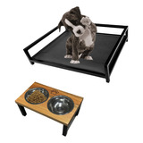 Comedouro Duplo Luxo + Cama Pet Estofado Preto Cães E Gatos