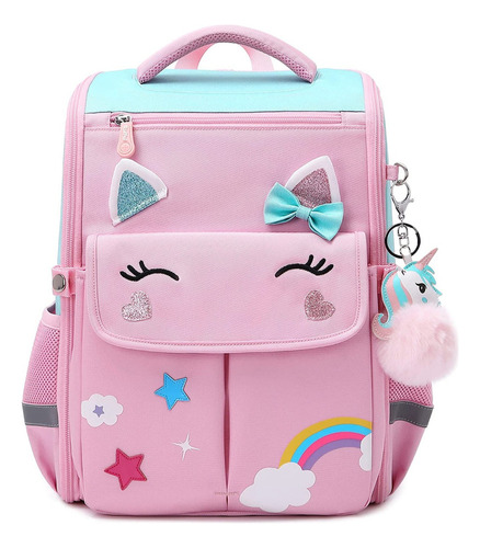 Mochila Escolar Infantil Unicornio Con Llavero Pompón