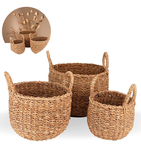 3 Cestos Organizador Cachepot Fibra Natural Decoração Boho