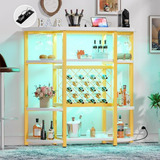 Mesa Barra De Vino  Gold Con Enchufe Y Luces Led, Mueble Mod