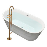 Solana Kit Tina De Baño Ovalada De Acrílico Slim 150x80x60 Cm + Grifo Independiente Cuello Cisne Monomando Gold / Kit Completo Blanco/gold Bañera Jacuzzi Blanca De Acrílico Solido Para Cuarto De Baño