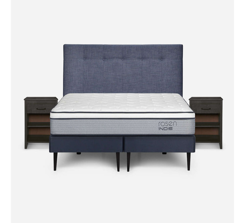 Cama Indie 2 Plazas Bd + Respaldo New Bennet Denim+veladores