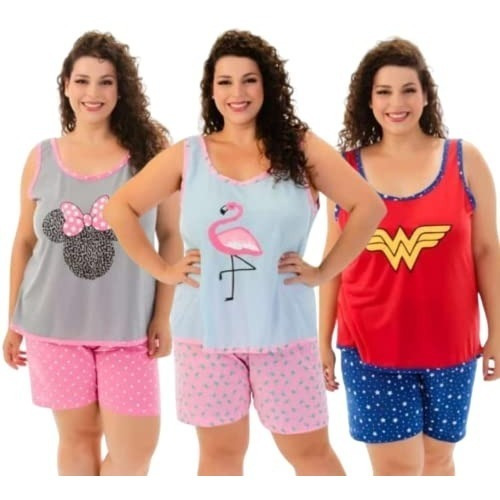 Kit 3 Pijamas Adultos Femininos Plus Size Regata Curto Verão