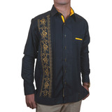 Guayabera Negra Modelo Calabaza Con Contrastes, Lino Flame