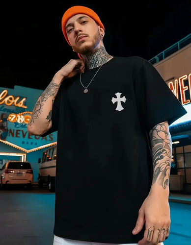 Playera Camiseta Hombre Cruz Bordado Hip-hop Oversize Moda