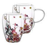 Set 2 Tazas Mug Doble Pared Con Flores Eternas 350ml Cafe Te