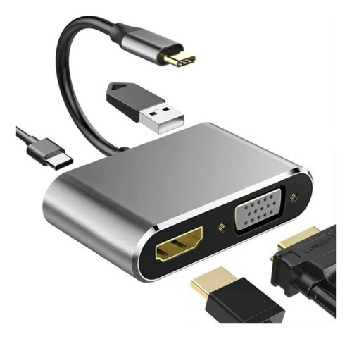 Hub Adaptador Usb-c 4 En 1: Vga+hdmi+usb 3.0+usb-c Pd 4k Hd