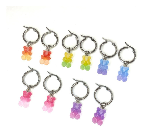 Pack 5 Pares De Aros Osito Gummy Bear De Acero Quirurgico 