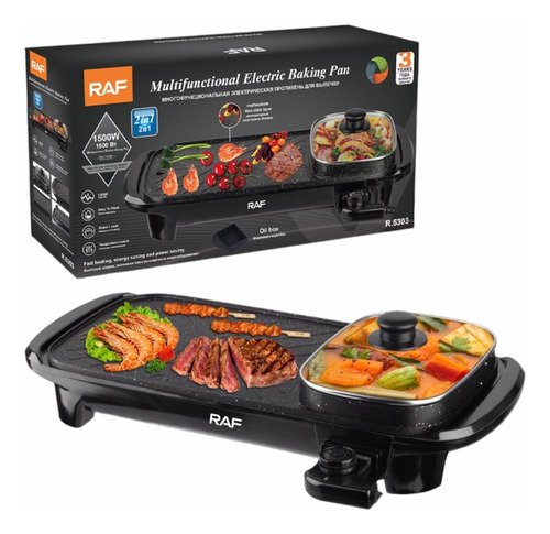 Asador Sartén Plancha Parrilla Eléctrico 2 En 1 Raf R.5303 Color Negro