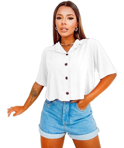 Blusinha Feminina Camisa Social Cropped Botões Manga Curta