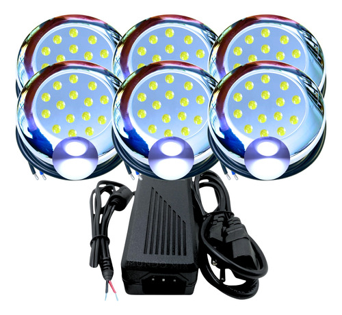 06 Refletor Led Piscina 18w Branco Frio + Adaptador + Fonte 