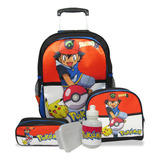 Kit Mochila Escolar Infantil Rodinhas G Pókemon F1 Cor Vermelho Desenho Do Tecido Pokémon