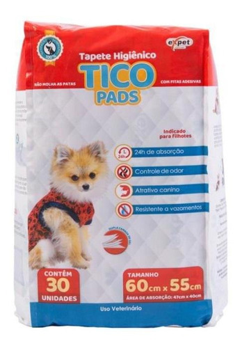 Tapete Higiênico Tico Pads Com 30 Unidades 60x55cm Expet