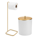 Conjunto Banheiro Lavabo Lixeira Porta Papel Dourado 2 Peças