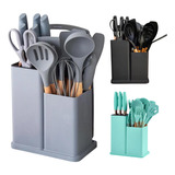 Kit 19 Utensílios De Cozinha Silicone Cabo Madeira Jogo Faca