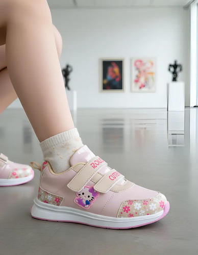 Tenis Casual Doble Broche De Contacto Niña Moda Flores Gatita Ligero