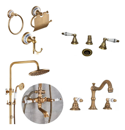 Set Completo Griferia Bronce Ducha+bacha+bidet+ 3 Accesorios