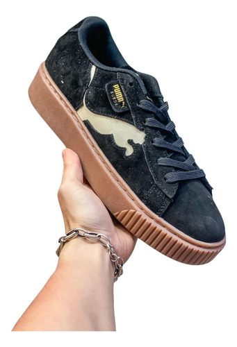 Tenis Puma Suede Platform Gold Casual Running Café Negro Y Amarillo