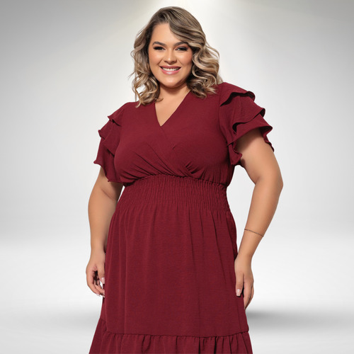 Vestido Plus Size Midi Manga Curta Com Babado Decote Em V